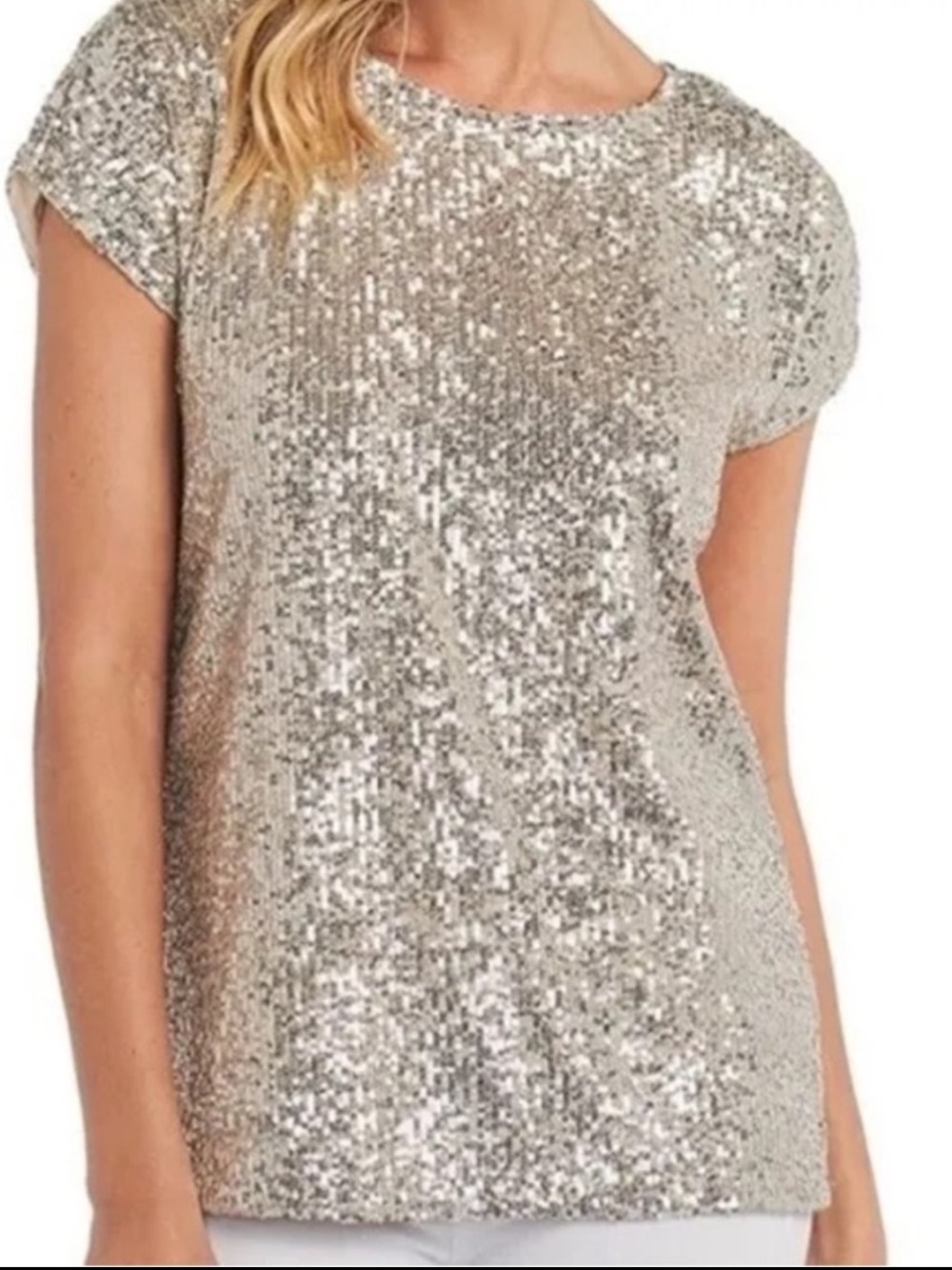 Cable & Gauge Champagne Sequin Short Sleeve Top Medium NWOT Lined